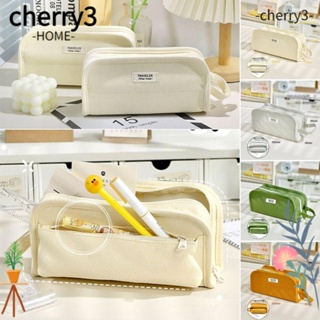 Cherry3 กระเป๋าเครื่องเขียน กระเป๋าดินสอ ผ้าแคนวาส กันน้ํา จุของได้เยอะ แบบพกพา สีพื้น สําหรับโรงเรียน สํานักงาน