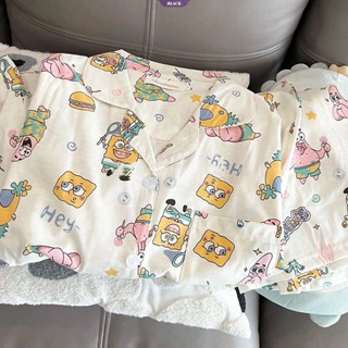 Kawaii SpongeBob SquarePants ชุดนอน เสื้อแขนสั้น กางเกงขาสั้น พิมพ์ลายน่ารัก แฟชั่นฤดูร้อน สําหรับผู้หญิง [BL]
