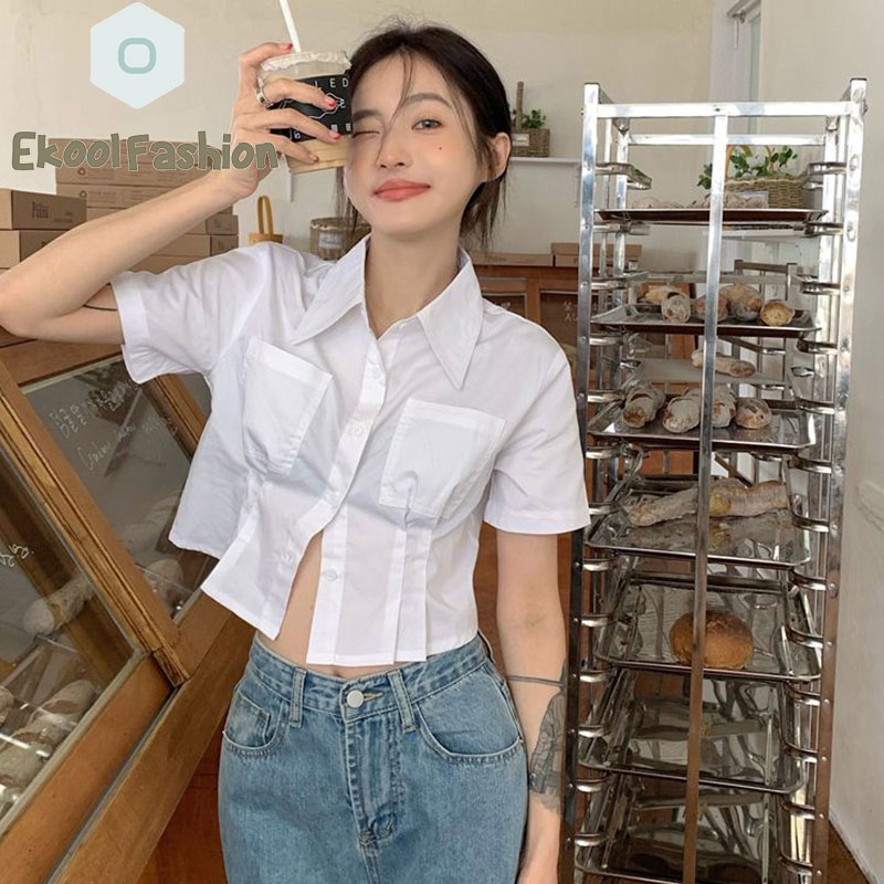 เสื้อเชิ้ตแขนสั้น-สีขาว-vintage-สําหรับผู้หญิง-เข้ากับทุกการแต่งกาย-แบบเรียบง่าย-มีบริการเก็บปลายทาง