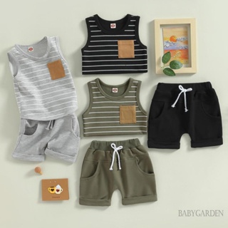 Babygarden-0-4 ปี ชุดเสื้อผ้าเด็กผู้ชาย เสื้อกล้ามลายทาง พร้อมกางเกงขาสั้น เอวยางยืด ฤดูร้อน