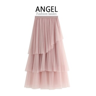 [3 สี] ANGEL แฟชั่นผู้หญิง midi กระโปรงตาข่ายสีทึบ เกาหลี ยืดหยุ่น สีชมพู เอวสูง ทรงเอ บาง ขนาดใหญ่ แกว่ง กระโปรงตูตู กระโปรงยาว สําหรับผู้หญิง