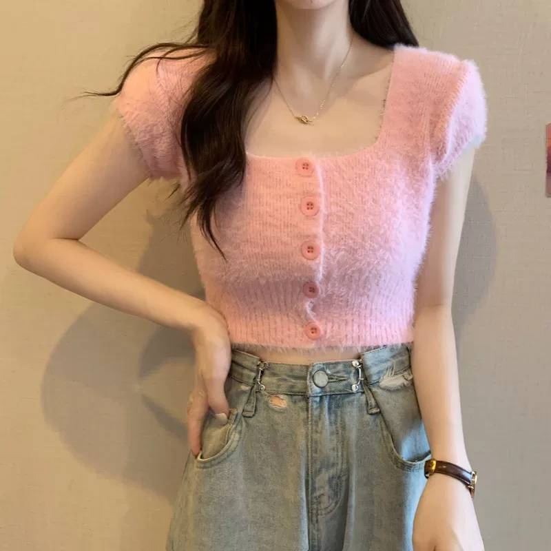 ff-shop-เสื้อครอปแขนสั้น-ขนมิ้ง-ครอปคอเหลี่ยม-แต่งกระดุม-ขนนุ่มนิ่ม-สีสันสดใส-น่ารัก-เกาหลี-a39