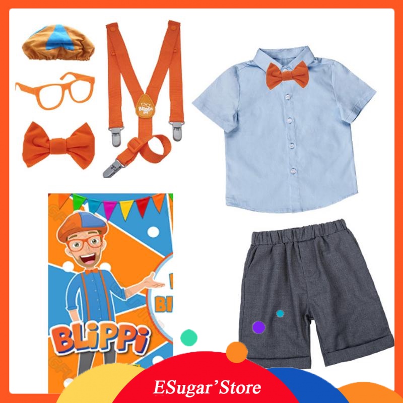 blippi-แว่นตา-หมวก-เครื่องแต่งกาย-ชุดแต่งตัว-โบ-เอี๊ยม-ชุดคอสเพลย์-ผู้ใหญ่-เด็ก-ชุดแขนสั้น