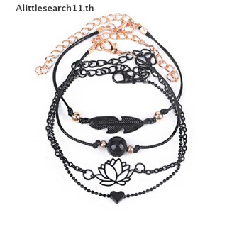 Alittlesearch11 สร้อยข้อมือ กําไลข้อมือ ประดับขนนก ดอกบัว สีดํา สไตล์โบโฮ สําหรับผู้หญิง 4 ชิ้น ต่อชุด