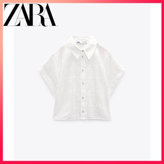 Zara ใหม่ เสื้อเชิ้ต แขนสั้น ปักลาย สีขาว สําหรับผู้หญิง