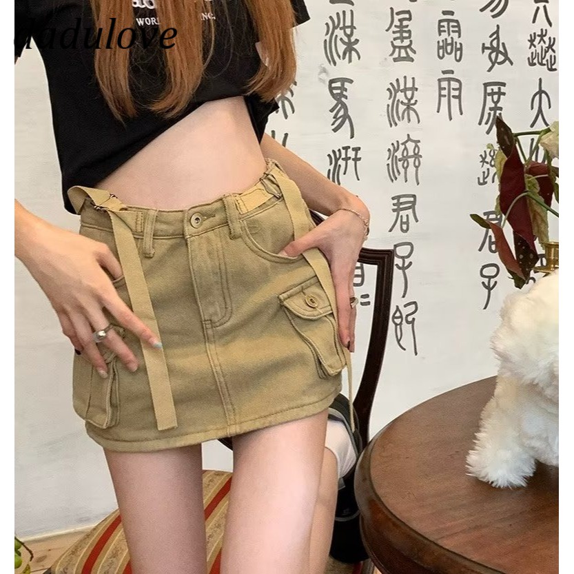 dadulove-new-american-ins-khaki-denim-skirt-multi-pocket-high-waist-niche-a-line-skirt-bag-hip-skirt