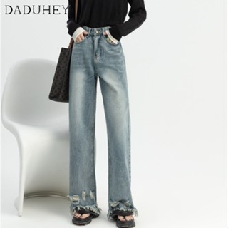 DaDuHey🎈 Womens Retro Raw Hem Ripped Fashion Korean Style New Loose High Waist Wide Leg Slim Drape Mop Ripped Frayed Pants Jeans