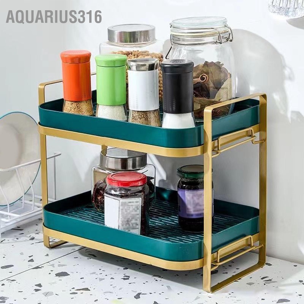 aquarius316-ถ้วยแก้วราวตากผ้าพร้อมถาดระบายน้ำ-2-ชั้นเคาน์เตอร์ชั้นวางของสำหรับห้องครัวที่บ้านสีทองและสีเขียว