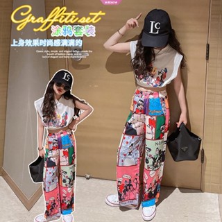 ชุดเสื้อผ้า ลายกราฟฟิติ แฟชั่นฤดูร้อน สําหรับเด็กผู้หญิง 2023