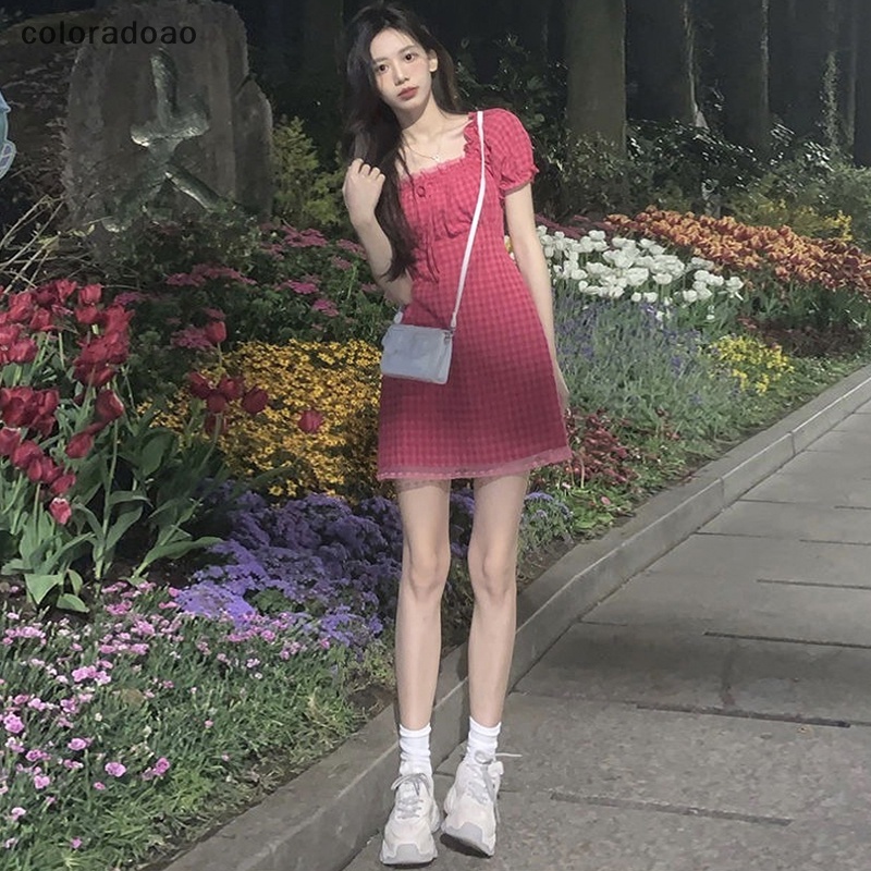 crd-ชุดมินิเดรสลําลอง-คอสี่เหลี่ยม-ลายสก๊อต-หรูหรา-แฟชั่นฤดูร้อน-สําหรับสตรี-zxh