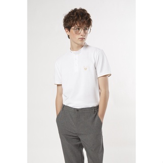 ESP เสื้อโปโลคอจีนแต่งลายปักโลโก้ ผู้ชาย สีขาว | Stand Collar Logo Embroidered Polo Shirt | 3756
