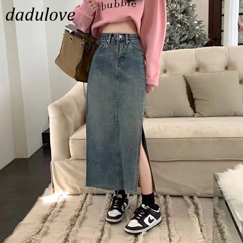 dadulove-new-american-ins-high-street-retro-raw-edge-slit-denim-skirt-niche-high-waist-a-line-skirt-bag-hip-skirt