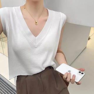 K เสื้อกั๊กกันหนาว คอวี ผ้าถัก ทรงหลวม สไตล์เกาหลี สําหรับผู้หญิง MC OXHZ