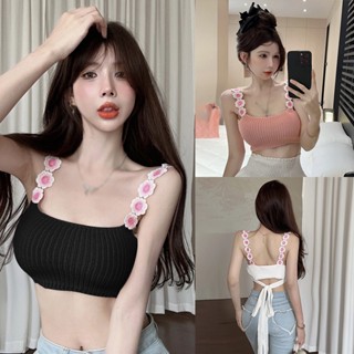C618 เสื้อกล้าม สายเดียวลายดอกไม้ ผ้าถักไหมพรมเหมาะกับเดินชายหาด แฟชั่นฤดูร้อน สไตล์เกาหลีสายฝอใส่ได้