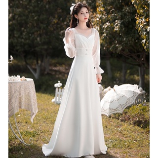 ซาตินใหม่ชุดแต่งงานที่เรียบง่ายเจ้าสาวสนามหญ้าริมทะเลแต่งงานฮันนีมูนท่องเที่ยวแฟชั่นชุดราตรียาวสีขาว