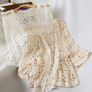เสื้อคาร์ดิแกน ผ้าคลุมไหล่ ผ้าถัก แขนสามส่วน แบบบาง แต่งลูกไม้ สีพื้น แฟชั่นฤดูร้อน สําหรับผู้หญิง