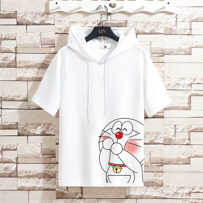 เสื้อยืดแขนสั้น-มีฮู้ด-ทรงหลวม-พิมพ์ลายโดราเอมอน-และกางเกงขาสั้น-แฟชั่นฤดูร้อน-สําหรับผู้ชาย-2023