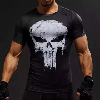 เสื้อยืด พิมพ์ลายหัวกะโหลก Marvel Hero Punisher เหมาะกับการเล่นกีฬา ฟิตเนส สําหรับผู้ชาย ไซซ์ S 3XL 2021