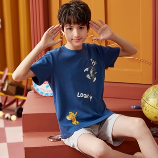 New short-sleeved pure cotton childrens pajamas Summer Childrens Cute Cartoon Cat and Mouse Home Clothes