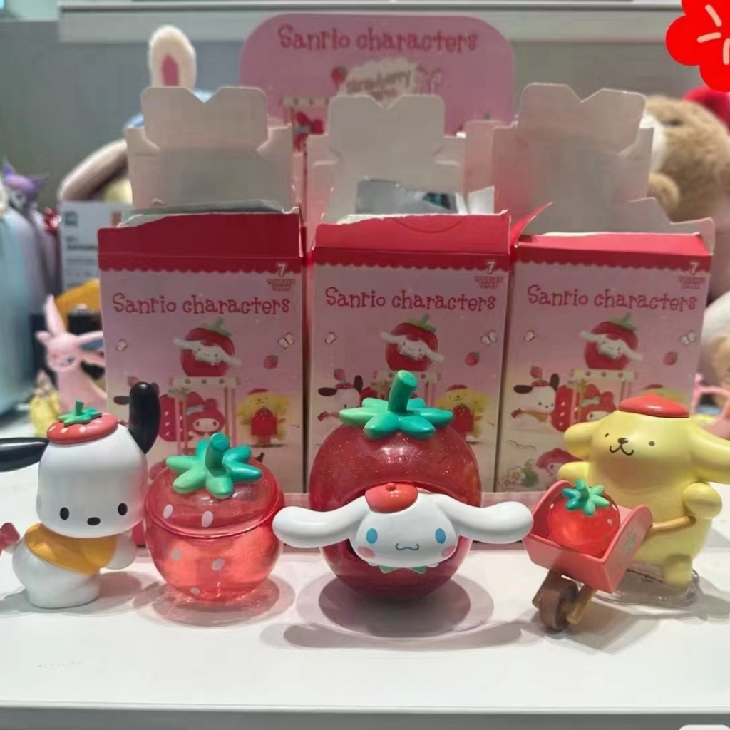 ของแท้-miniso-ชุดกล่องสุ่ม-ตุ๊กตาฟิกเกอร์-sanrio-strawberry-farm-6-ชิ้น