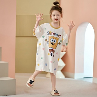 Summer new cotton childrens short-sleeved nightdress Cute Cartoon SpongeBob Childrens Home Clothes