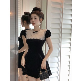 Black Sweetheart Velvet Stitching Lace Puff Sleeve Dress Summer Celebrity Dress Tight Waist A- Line Dress Womens Skirt