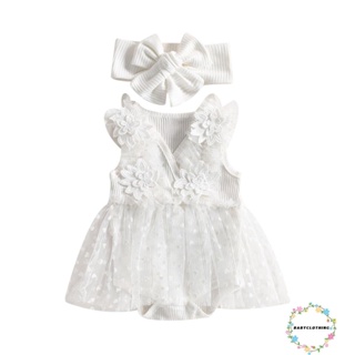 Babyclothes- ชุดรอมเปอร์ แขนกุด ผ้าตาข่าย ลายดอกไม้ 3D สีขาว พร้อมที่คาดผม สําหรับเด็กทารกผู้หญิง