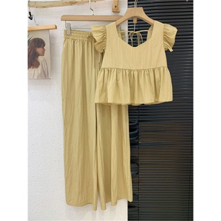 Baby blouse with small flying sleeves + wide-legged trousers two-piece set of womens 2023 summer sleeveless suit with fungus edges