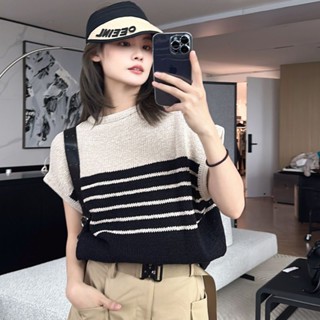 ใหม่ เสื้อคอกลม ผ้าถัก ลายทาง ทรงหลวม บาง สไตล์ฤดูร้อน สําหรับผู้หญิง E5WM