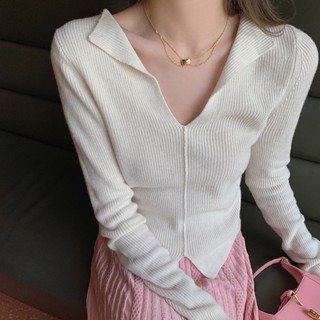 เสื้อแจ็กเก็ต คอปก ผ้าถัก ขนาดเล็ก สีพื้น แฟชั่นฤดูใบไม้ร่วง สําหรับผู้หญิง J1SK