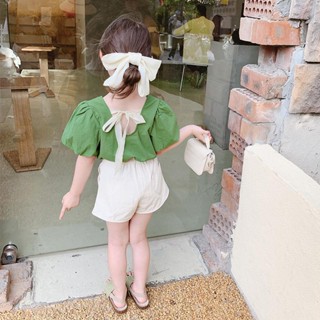 พร้อมส่ง เสื้อยืดแขนสั้น ผ้าฝ้ายแท้ และกางเกงขาสั้น แฟชั่นฤดูร้อน สไตล์เกาหลี และญี่ปุ่น สําหรับเด็กผู้หญิง