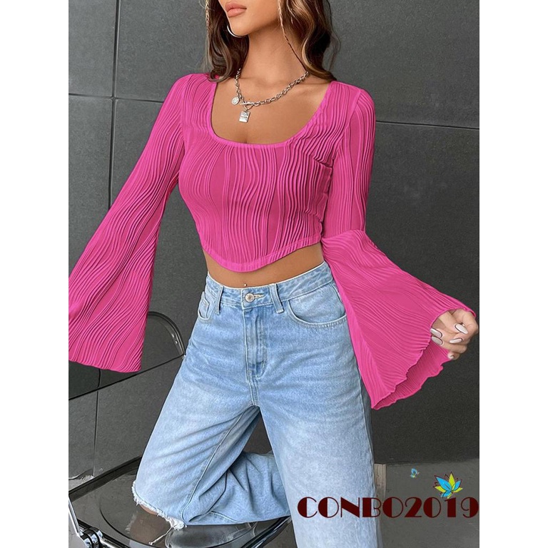 hgm-เสื้อครอปท็อปแขนยาว-คอตัก-เข้ารูป-สีพื้น-สไตล์สตรีท-สําหรับผู้หญิง