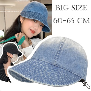 หมวกบักเก็ต ผ้ายีน ผ้าฝ้ายนิ่ม ขนาดใหญ่ 60-65 ซม. สไตล์เกาหลี เหมาะกับเดินชายหาดกลางแจ้ง แฟชั่นสําหรับผู้หญิง