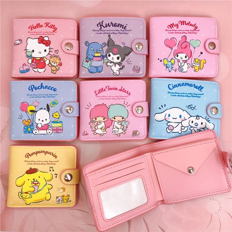 sanrio-pu-กระเป๋าสตางค์พับลำลองพร้อมปุ่ม-kawaii-cinnamoroll-my-melody-kuromi-กระเป๋าเงินกระเป๋าเงินเหรียญผู้ถือบัตรของขวัญแฟชั่นการจัดเก็บ