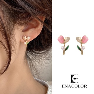 Enacolor ต่างหูเข็มเงิน S925 รูปดอกทิวลิป สีชมพู ประดับมุก สไตล์เกาหลี สําหรับผู้หญิง 2023
