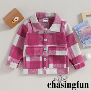 Chf-1-5 ปี เสื้อแจ็กเก็ต แขนยาว คอปก กระดุมปิด ลายสก๊อต ฤดูใบไม้ร่วง เสื้อผ้า พร้อมกระเป๋า
