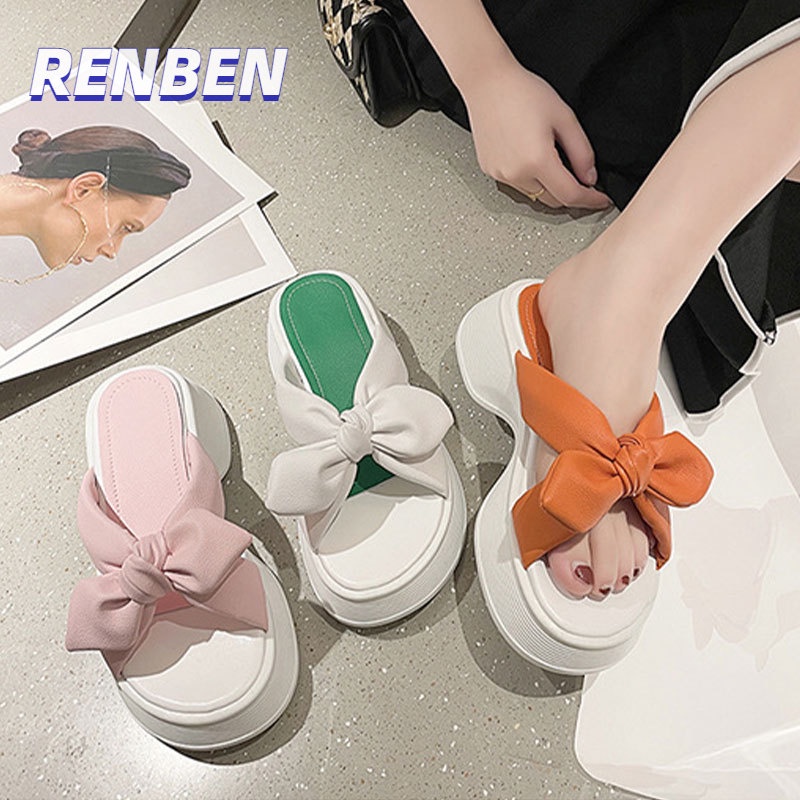 renben-รองเท้าแตะผู้หญิงโบว์แบนเวอร์ชั่นเกาหลีของนางฟ้าสุทธิสีแดงรองเท้าแตะสไตล์ร้อนและรองเท้าแตะ