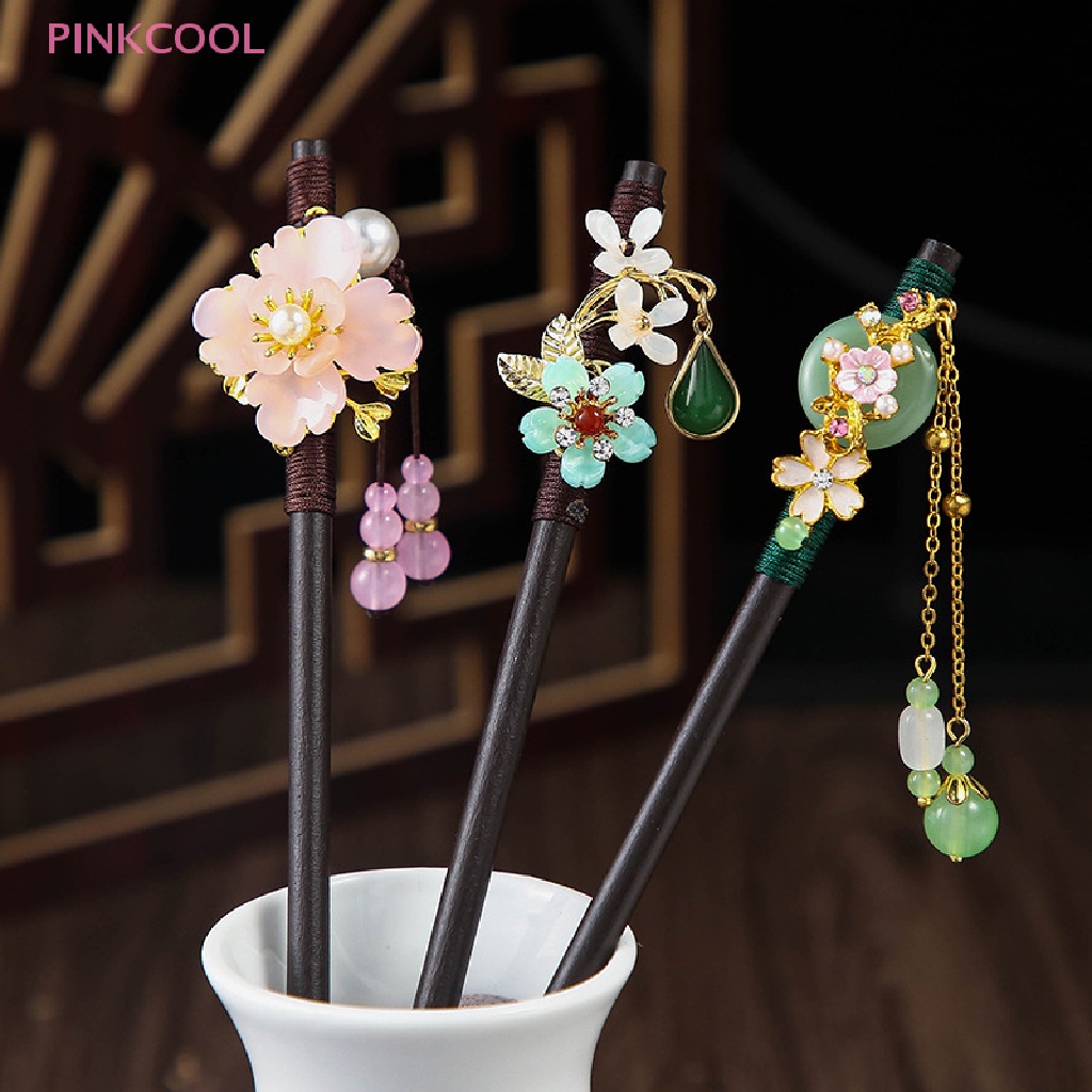 pinkcool-กิ๊บติดผม-ลายดอกไม้-สไตล์จีนวินเทจ-ประดับพู่-ขายดี