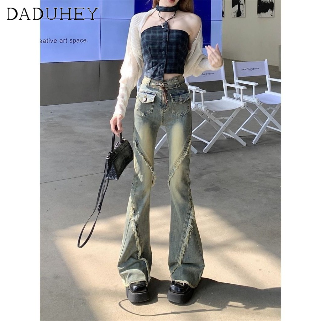 daduhey-new-american-style-retro-slimming-jeans-womens-spring-summer-high-waist-frayed-mop-floor-bootcut-trousers-casual-horseshoe-pants