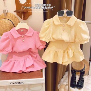 【เสื้อผ้าเด็กผู้หญิง】ชุดเสื้อแขนสั้น คอปก แต่งหัวเข็มขัด ขนาดเล็ก สไตล์ตะวันตก แฟชั่นฤดูร้อน สําหรับเด็กผู้หญิง 2023