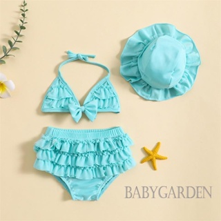 Babygarden- ชุดบิกินี่ ฤดูร้อน สําหรับเด็กผู้หญิง เสื้อแขวนคอ + กางเกงขาสั้น ระบายชั้น + หมวก ชุดว่ายน้ํา