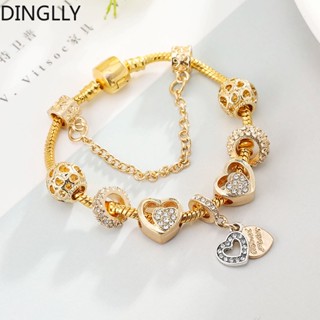 Dinglly สีทอง หัวใจ ลูกปัด เสน่ห์ สร้อยข้อมือ สําหรับผู้หญิง Diy โคเฮอร์ เสน่ห์ สร้อยข้อมือ