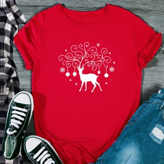 Reindeer Cute Christmas Harajuku Printing Graphic Tees Cute Cartoon Graphic T Shirt Women Cotton Short Sleeve Tee Tops