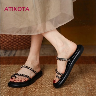 Atikota รองเท้าแตะ พื้นแบน ป้องกันการลื่น สวมใส่สบาย เหมาะกับเดินชายหาดกลางแจ้ง สไตล์ฝรั่งเศส สําหรับผู้หญิง