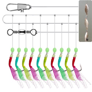 10 Hooks Simulation Fish Skin Colorful Fishing String Hook Set 8# 10# 12# 15# Bait Rigs