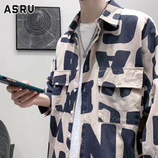 ASRV เสื้อเชิ้ตผู้ชายคอเหลี่ยมสไตล์ญี่ปุ่นแขนสั้นอารมณ์ใหม่พิมพ์หลวมเยาวชนนิยมง่ายแนวโน้มแจ็คเก็ต