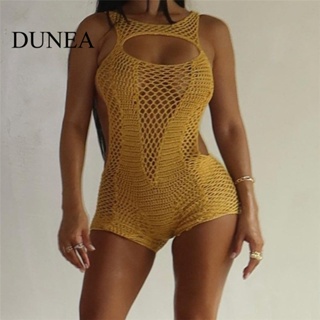 Dunea ชุดเพลย์สูทลําลอง คอต่ํา เอวสูง ผ้าถัก ฉลุลาย เซ็กซี่ สําหรับผู้หญิง