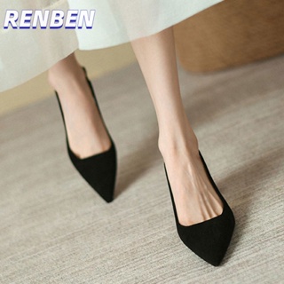 RENBEN Niche French ฤดูใบไม้ผลิใหม่ส้นสูงหัวแหลมเรียบง่ายส้นหนารองเท้าแตะ Baotou ระดับ high-end สำหรับผู้หญิง