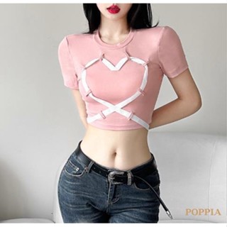 Poppia-เสื้อยืดครอปท็อปแขนสั้นลําลอง คอกลม พิมพ์ลายหัวใจ เหมาะกับฤดูร้อน สําหรับผู้หญิง