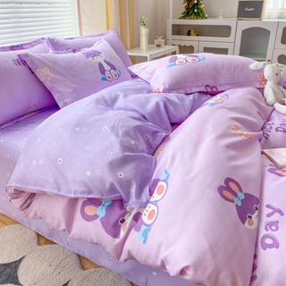 สินค้าใหม่ 🌈 ผ้าปูที่นอน 7ฟุต/ 6ฟุต/ 5ฟุต #ผ้าปูที่นอนสีม่วง ผ้าปูที่นอน ลายการ์ตูนกระต่ายแสนหวาน+ปลอกผ้านวม+ปลอกหมอน